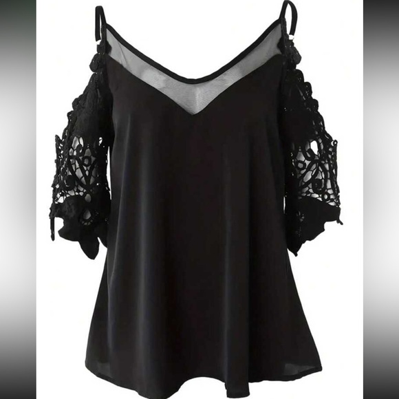 Boho Sheer Mesh Crochet Lace Cold Off Shoulder Top Blouse Shirt Black New - Picture 3 of 3